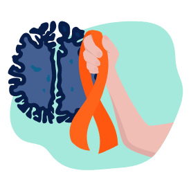 Illustration d’une main qui tient un ruban orange devant la représentation d’un cerveau